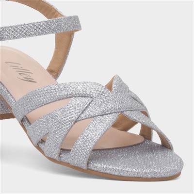 Womens Silver Glitter Heeled Strappy Sandal