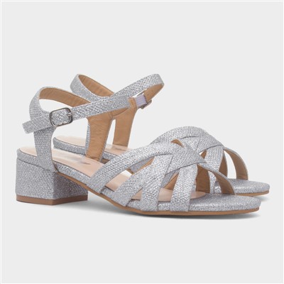 Womens Silver Glitter Heeled Strappy Sandal