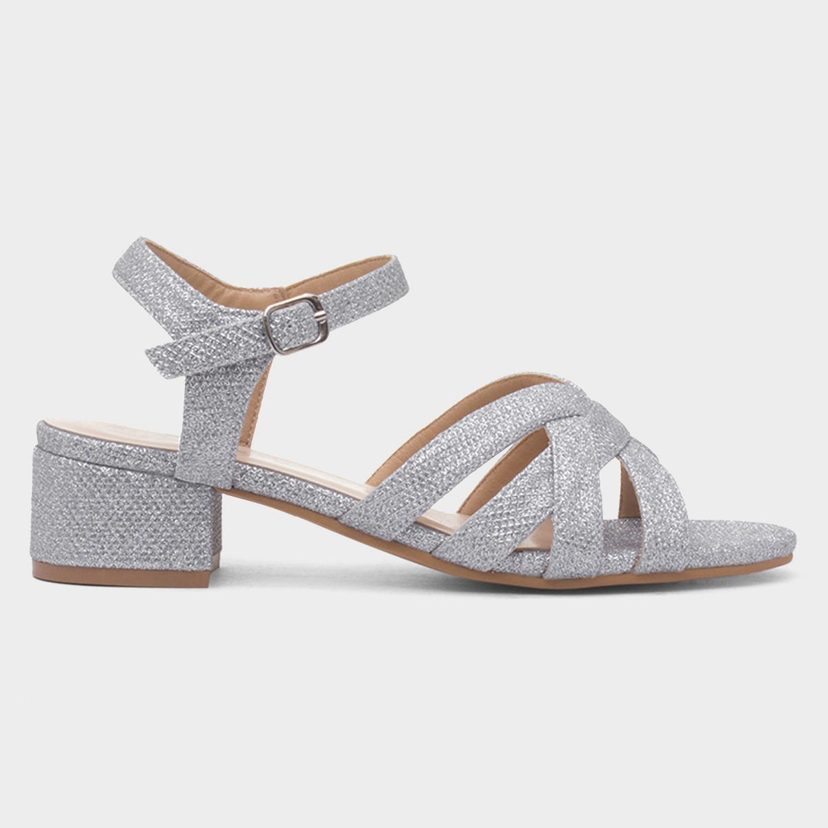 Womens Silver Glitter Heeled Strappy Sandal