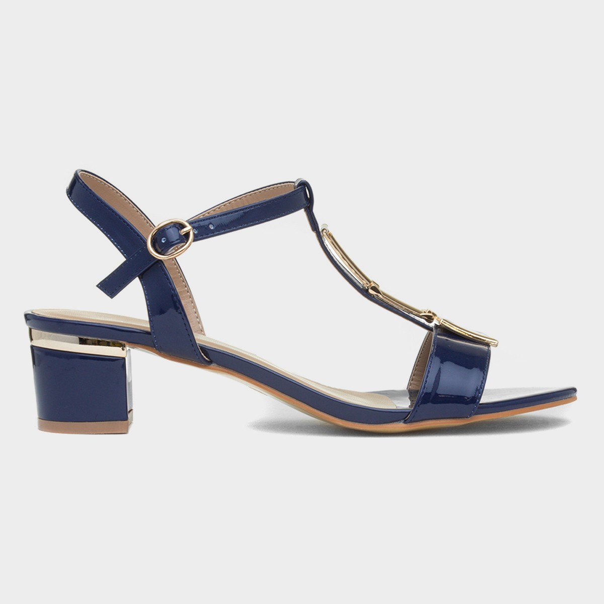 Blaze Womens Navy Patent Buckle T-Bar Heel