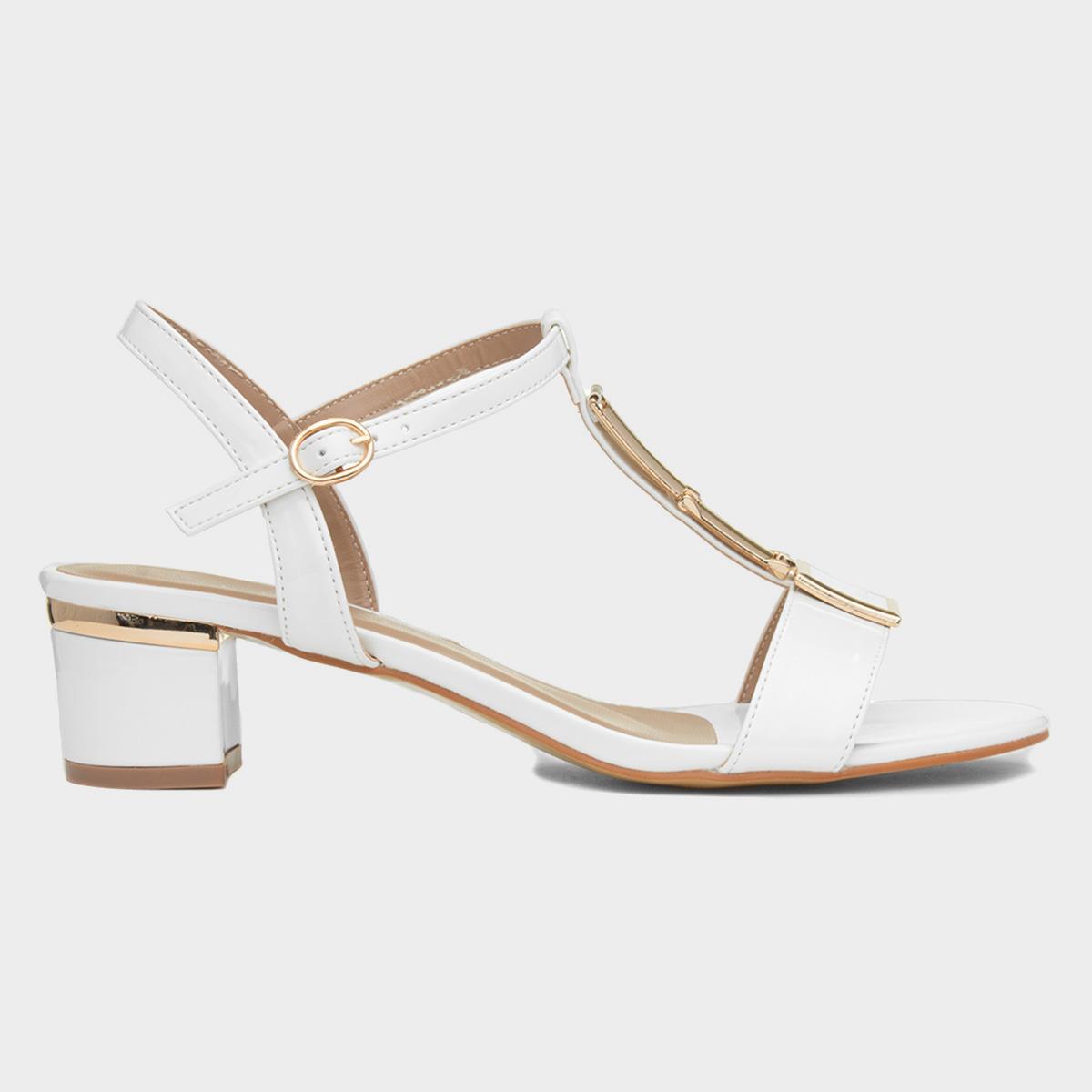 Blaze Womens White Patent Buckle T-Bar Heel