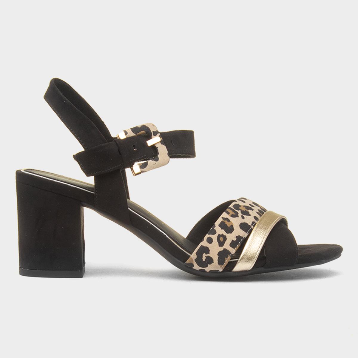 Womens Black Leopard Print Buckle Heel