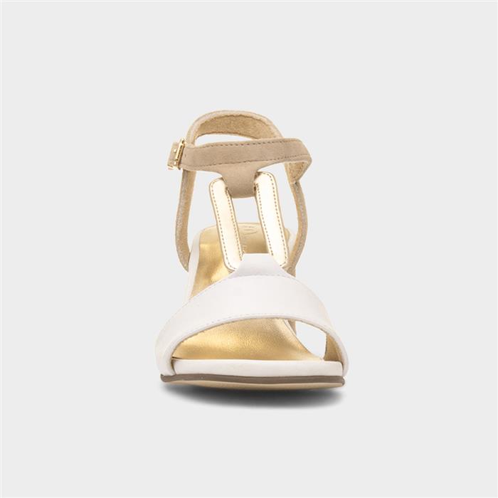 Womens White Leather Block Heel Sandal