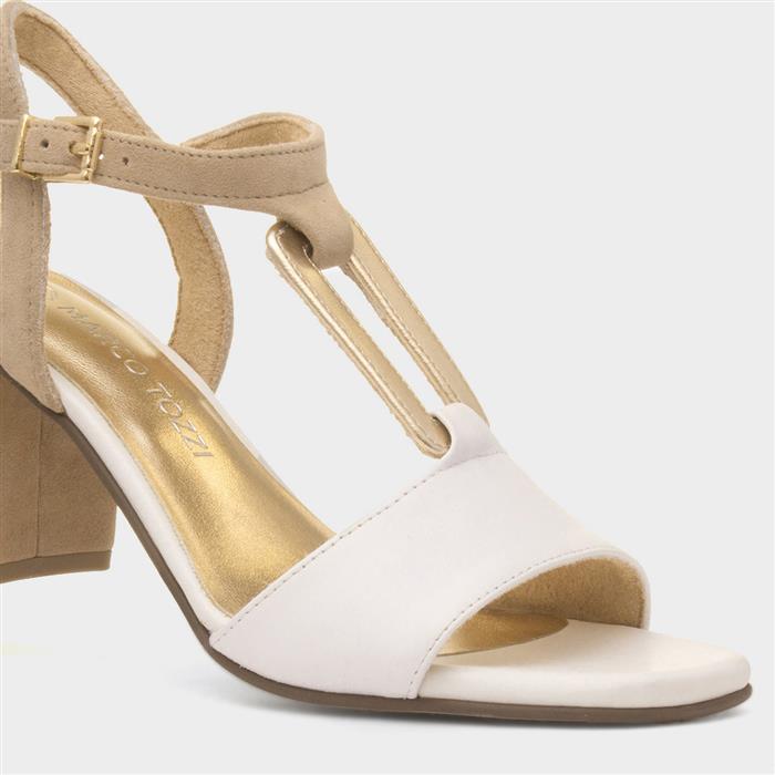 Womens White Leather Block Heel Sandal