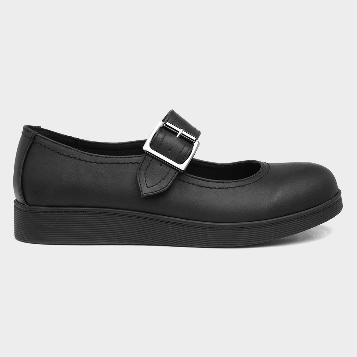 Womens Black Buckle Bar Shoe