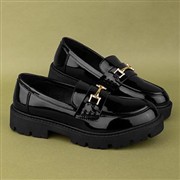 Lilley Womens Black Patent Gold Trim Loafer Shoe (Click For Details)