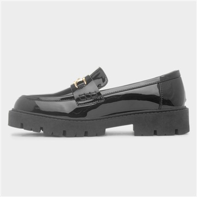 Womens Black Patent Gold Trim Loafer Shoe