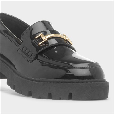 Womens Black Patent Gold Trim Loafer Shoe
