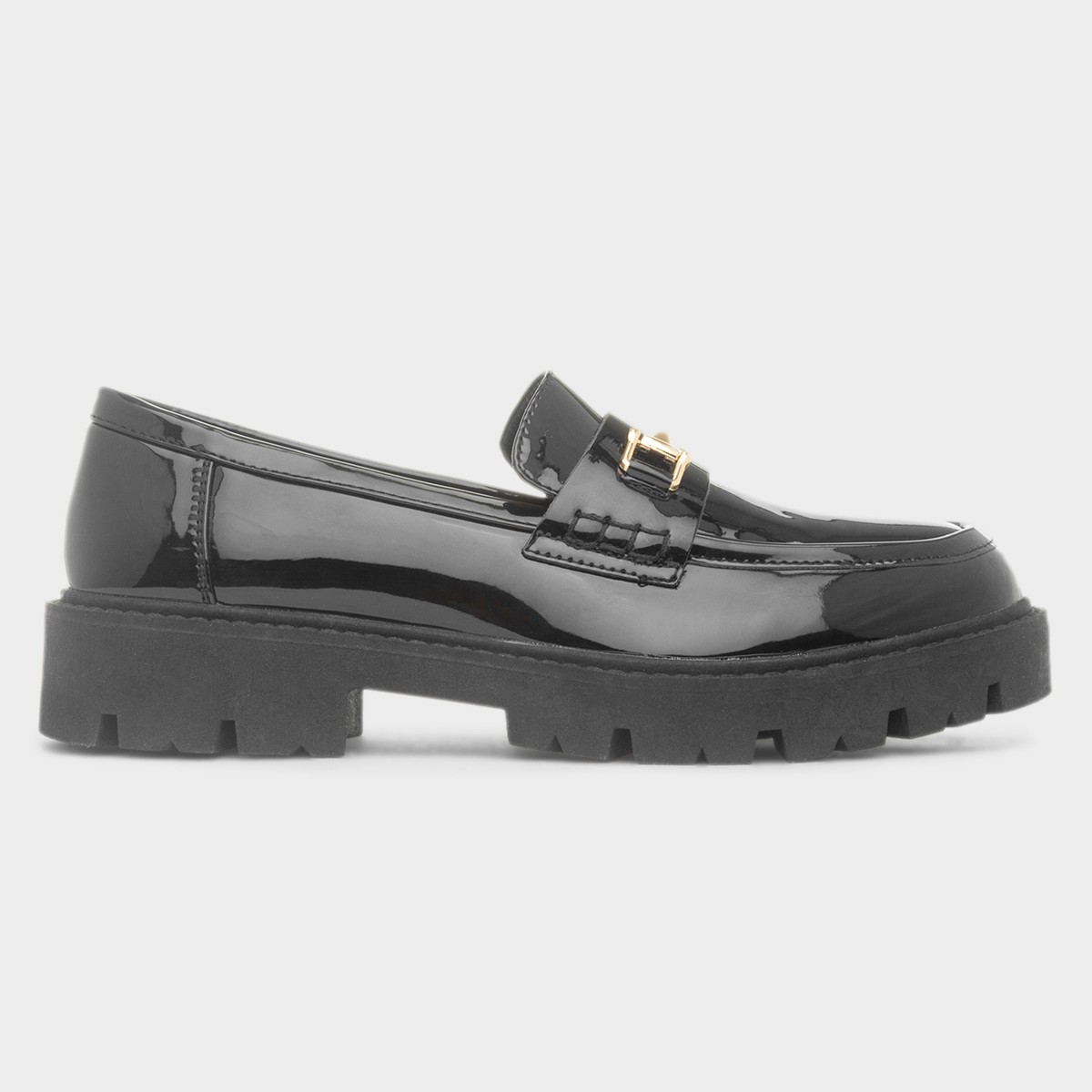 Womens Black Patent Gold Trim Loafer Shoe