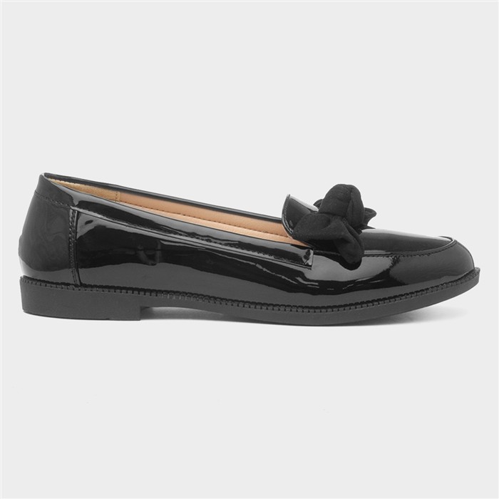 Womens Black Patent Slip On Bow Loafer Shoe
