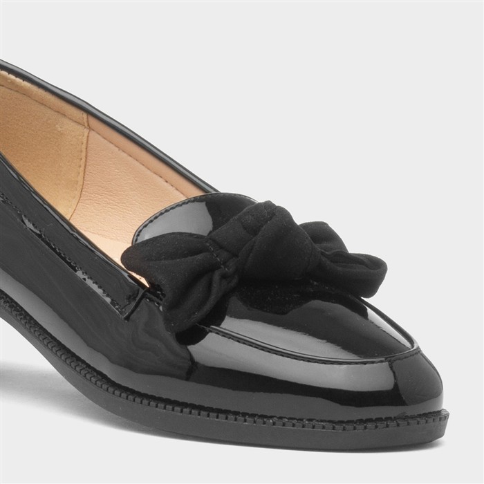 Womens Black Patent Slip On Bow Loafer Shoe