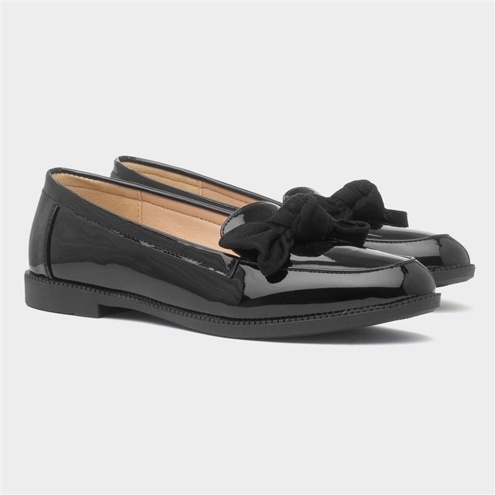 Womens Black Patent Slip On Bow Loafer Shoe