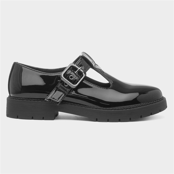 Womens Black Patent Buckle T-Bar Shoe