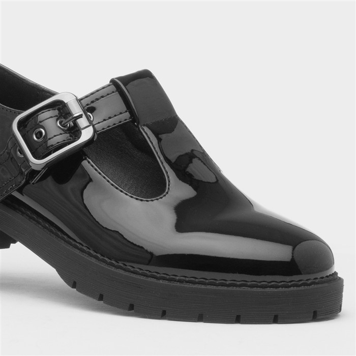 Womens Black Patent Buckle T-Bar Shoe
