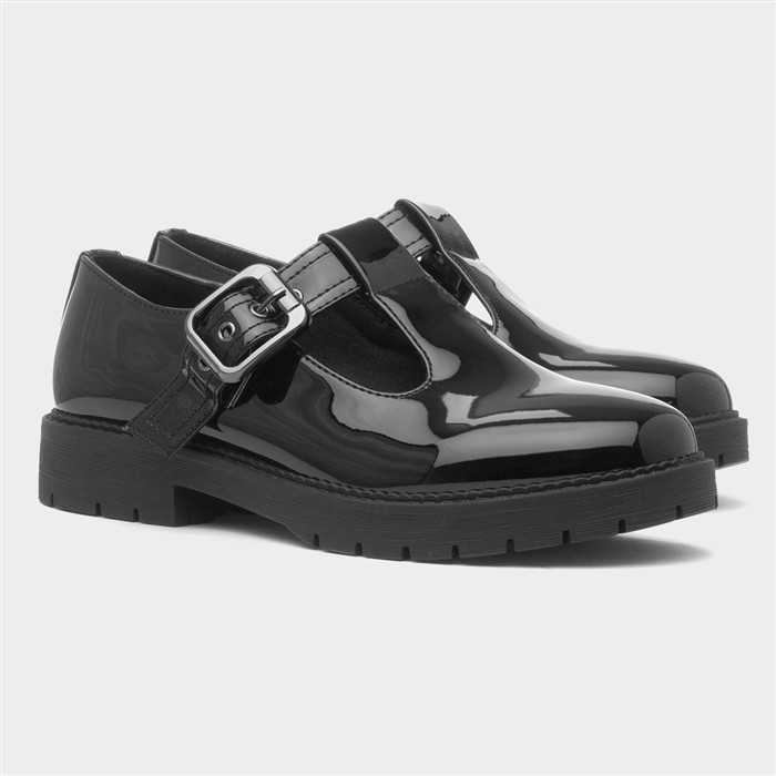 Womens Black Patent Buckle T-Bar Shoe