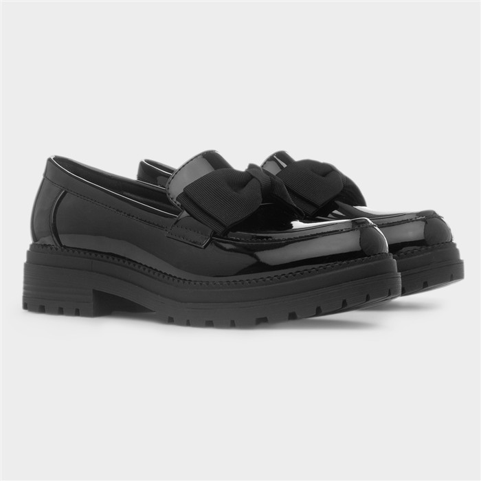Womens Black Patent Bow Loafer Shoes