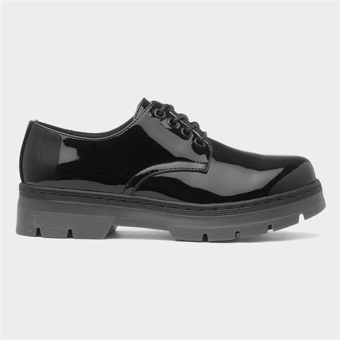 Womens Black Patent Chunky Lace Up Shoe
