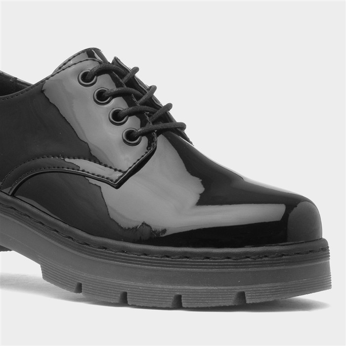 Womens Black Patent Chunky Lace Up Shoe
