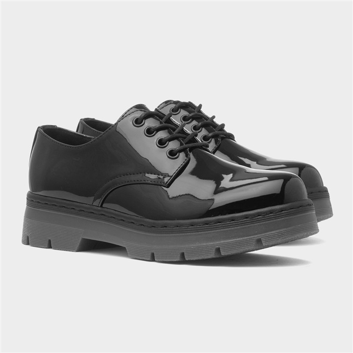 Womens Black Patent Chunky Lace Up Shoe