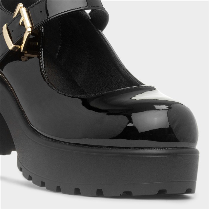 Kelly Womens Black Patent Chunky Heeled Shoe