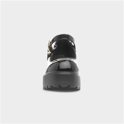 Kelly Womens Black Patent Chunky Heeled Shoe