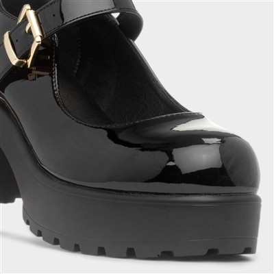 Kelly Womens Black Patent Chunky Heeled Shoe