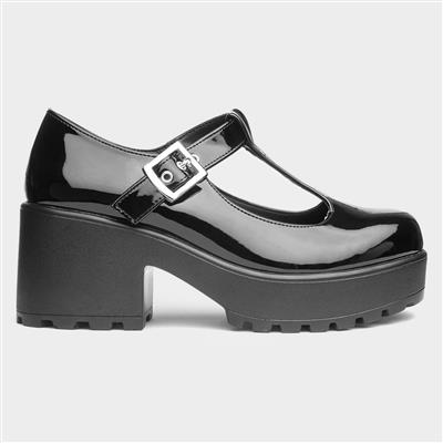 Katie Womens Black Patent Heeled T-Bar Shoe