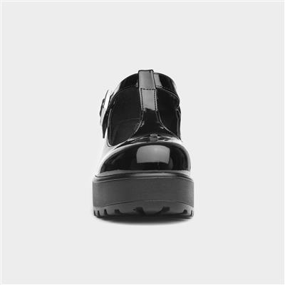 Katie Womens Black Patent Heeled T-Bar Shoe