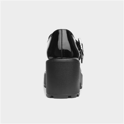 Katie Womens Black Patent Heeled T-Bar Shoe