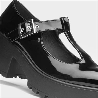 Katie Womens Black Patent Heeled T-Bar Shoe