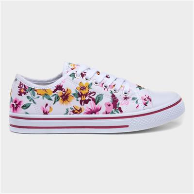 Womens White Floral Print Lace Up Canvas