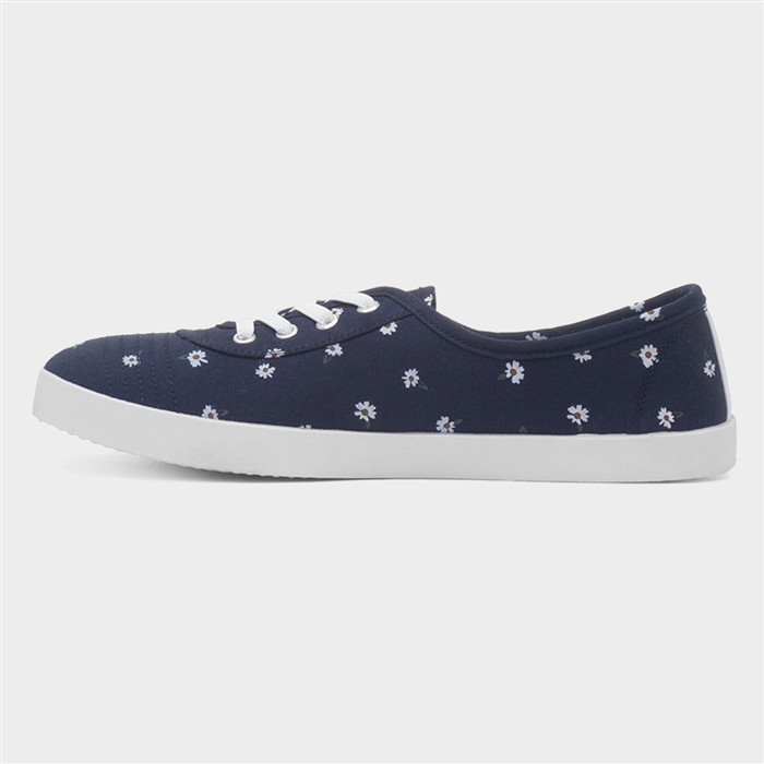 Womens Navy Daisy Print Slip On Canvas Shoe