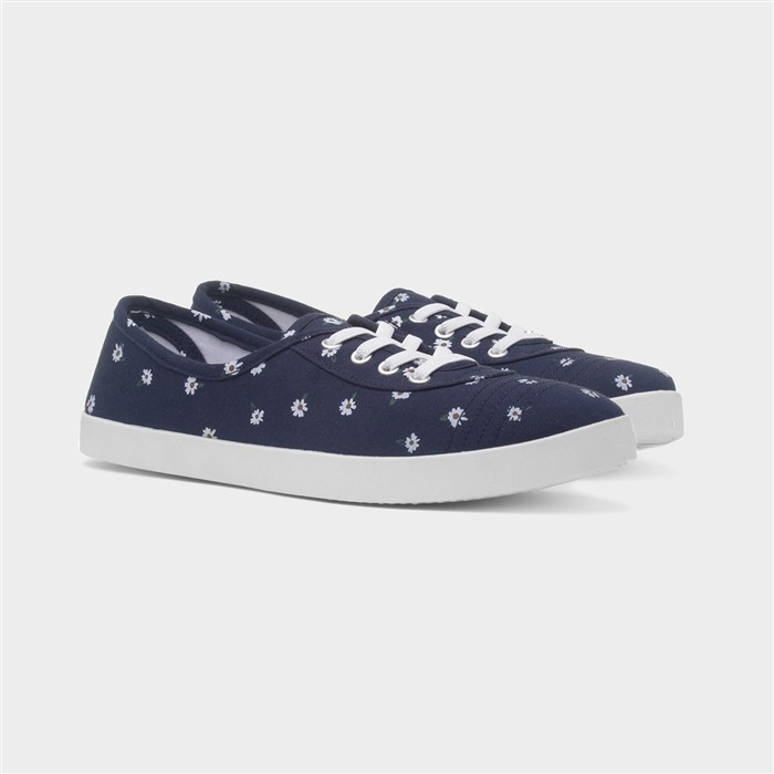 Womens Navy Daisy Print Slip On Canvas Shoe