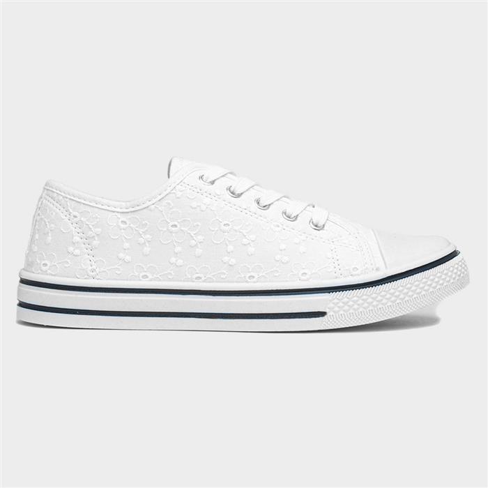 Womens White Floral Lace Up Canvas Shoe