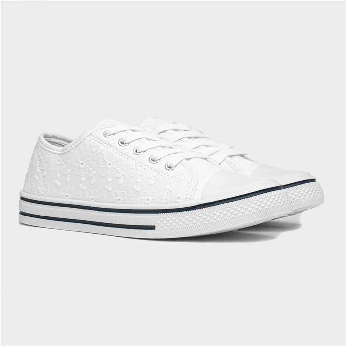 Womens White Floral Lace Up Canvas Shoe