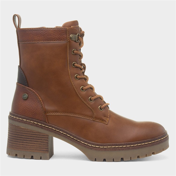 Cotton Womens Tan Heeled Lace Up Boot