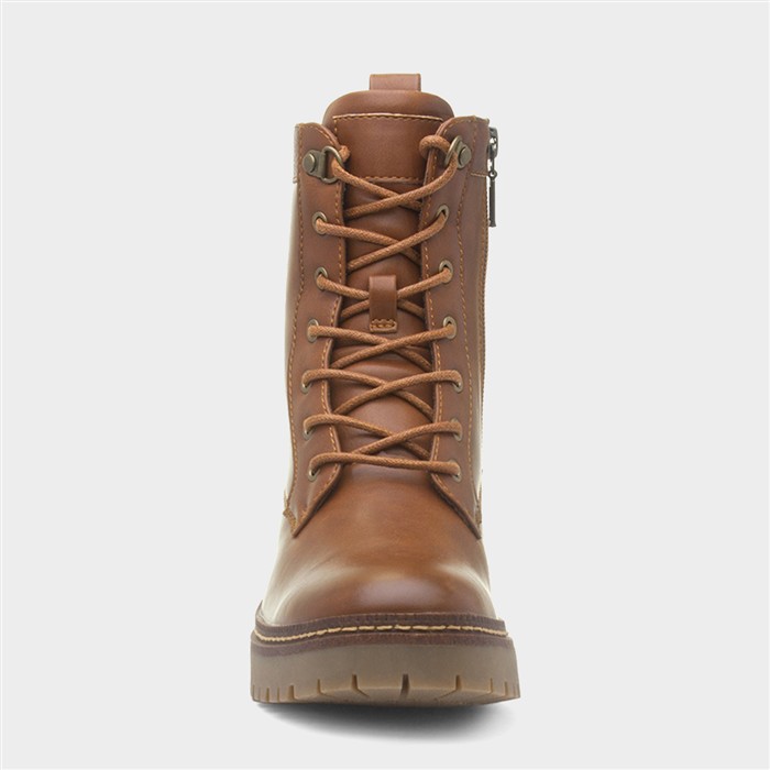 Cotton Womens Tan Heeled Lace Up Boot