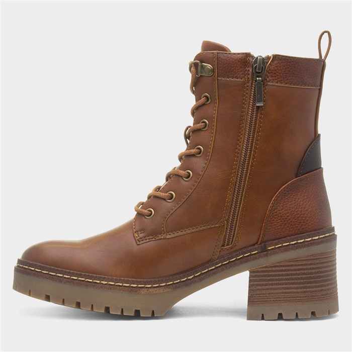 Cotton Womens Tan Heeled Lace Up Boot