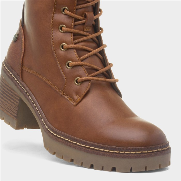 Cotton Womens Tan Heeled Lace Up Boot