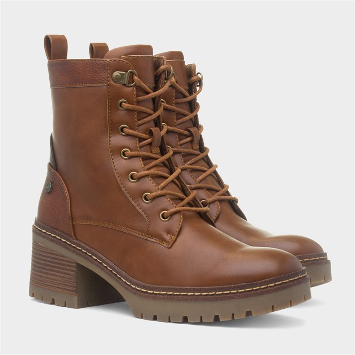 Cotton Womens Tan Heeled Lace Up Boot