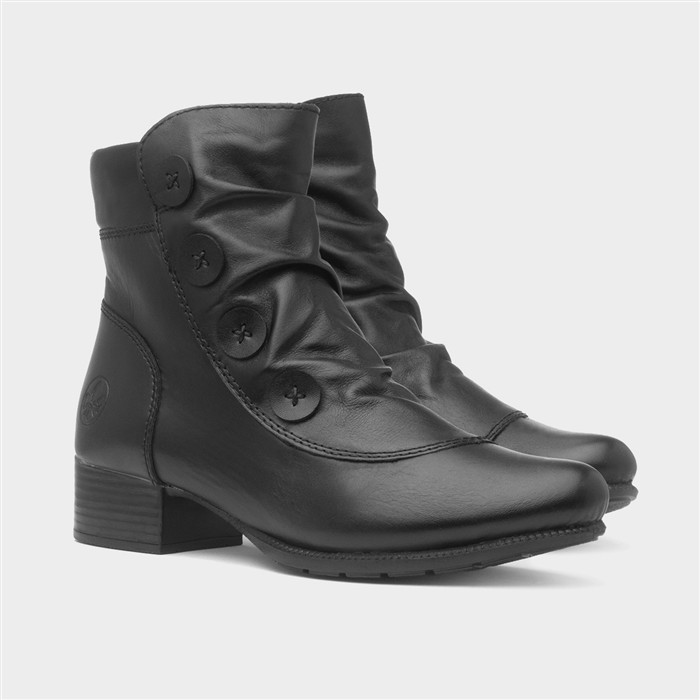 Womens Black Leather Block Heel Ankle Boot