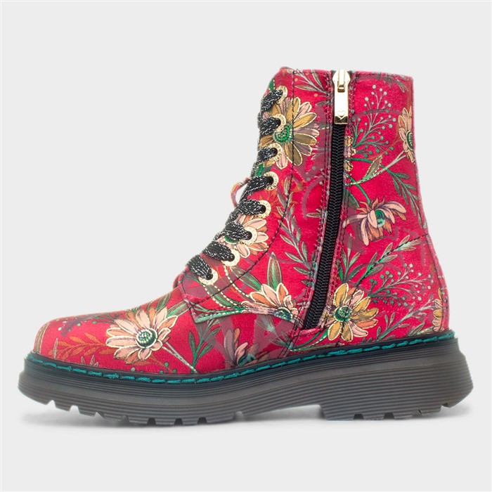 Lotte Womens Red Lace Up Velour Boot