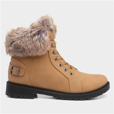 Womens Tan Lace Up Boot With Faux Fur