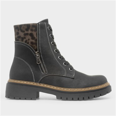 Georgina Black Lace Up Leopard Print Boot
