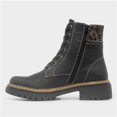 Georgina Black Lace Up Leopard Print Boot