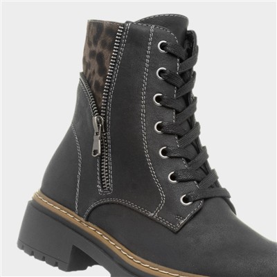 Georgina Black Lace Up Leopard Print Boot