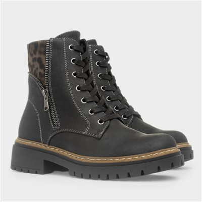 Georgina Black Lace Up Leopard Print Boot