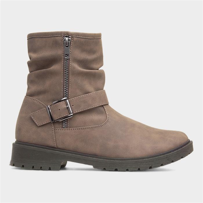 Womens Taupe Buckle Zip Up Ankle Boot