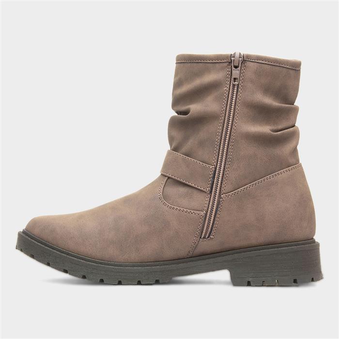 Womens Taupe Buckle Zip Up Ankle Boot