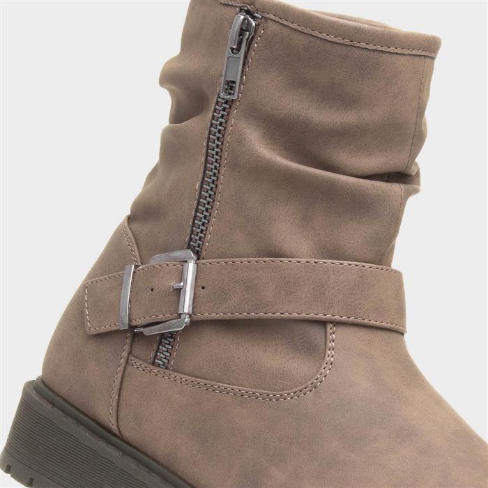 Womens Taupe Buckle Zip Up Ankle Boot